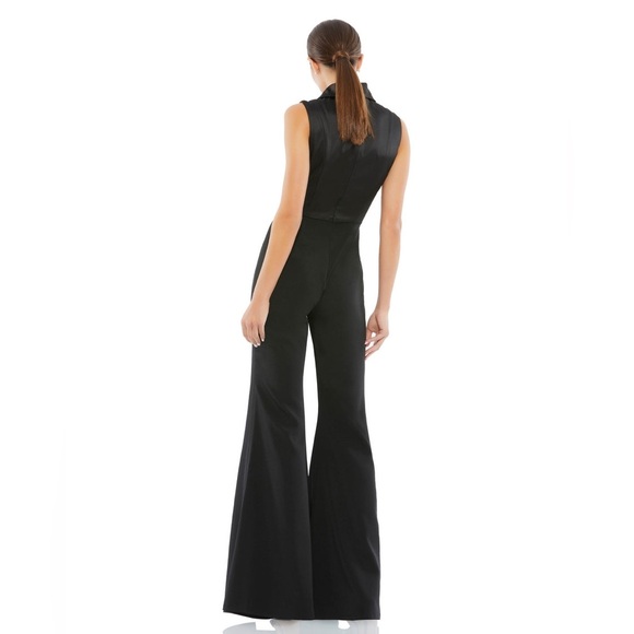 Mac Duggal Womens 26603 Black Satin Faux Tuxedo Flared Leg Jumpsuit NWT Size 10 - Picture 2 of 10